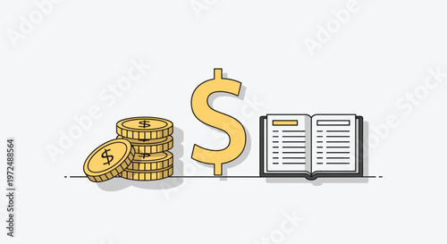 A clear financial illustration displays stacked gold coins, a large dollar sign, and an open ledger book, symbolizing accounting, business, and financial knowledge.