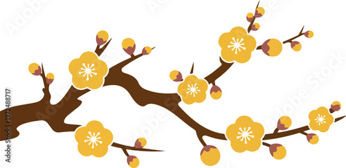 Blooming yellow floral branch with spring blossoms botanical tree branch nature inspired decorative vector illustration