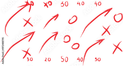 This dynamic hand-drawn red strategy illustration captures the essence of tactical planning and complex game execution, featuring bold x's, o's, curving arrows, and numerical markers against a clean w