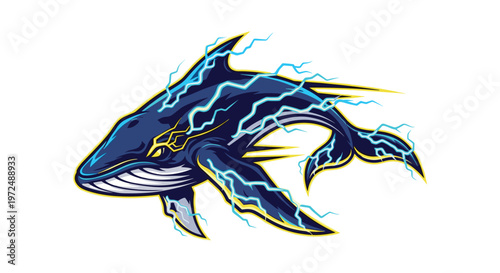 A dynamic blue whale, surrounded by vibrant yellow and blue lightning bolts, surges forward with immense electrical power, embodying speed and energy.