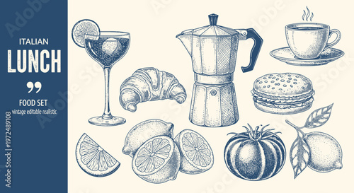 Watercolor lunch illustration croissants coffee and citrus fruits