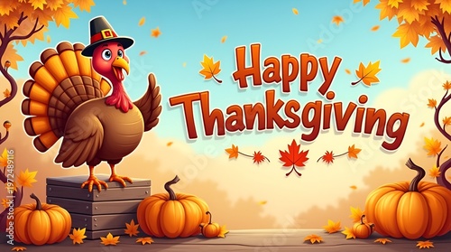 Happy Thanksgiving design with a joyful cartoon turkey and pumpkin harvest scene, rich autumn colors and festive mood