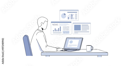 Man Working on Laptop with Digital Data and News Analysis Flat 2D Concept