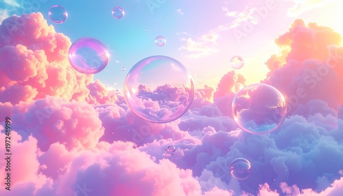 Dreamy Cloudscape with Floating Bubbles Sky Art