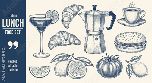 Watercolor lunch illustration croissants coffee and citrus fruits