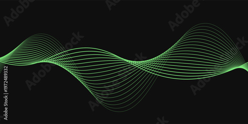 Lime green vavy lines on dark black background: A Serene and Dynamic abstract art modern piece showcasing flowing energy and 3D geometric precision for design and technology projects