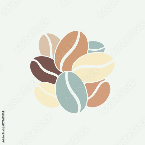 Abstract illustration of assorted coffee beans in a pastel color palette.