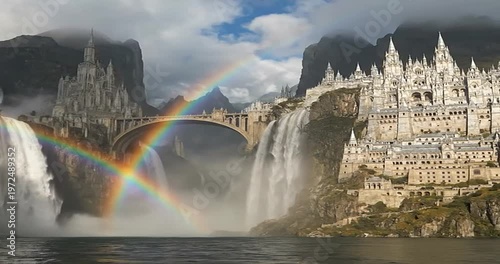 Fantasy castle with rainbow and waterfalls.
