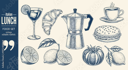 Watercolor lunch illustration croissants coffee and citrus fruits