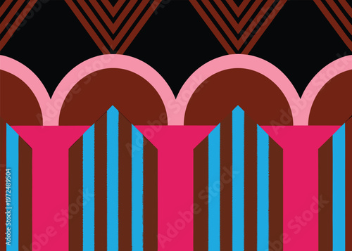 Symmetrical arches in brown and pink sit above magenta and blue columns with brown stripes while nested chevrons occupy the top section.