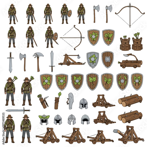A comprehensive collection of medieval warrior figures and siege weaponry ready for battle.