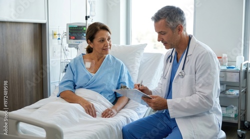 A doctor is speaking with a patient in a hospital room.