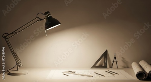 Minimalist workspace with architect lamp and soft shadows on white wall