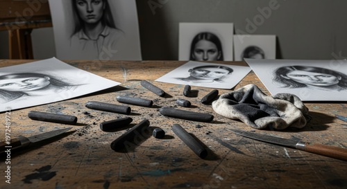 Artist Studio Desk with Charcoal Sticks and Smudge Cloth on Textured Grey Background