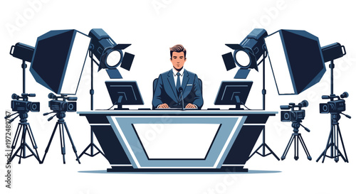 News Anchor Broadcasting Live in Studio Flat 2D Illustration Concept