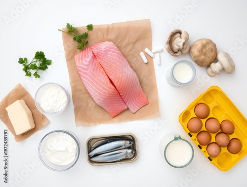 Flat lay of fresh fish fillets with eggs milk butter and mushrooms for cooking