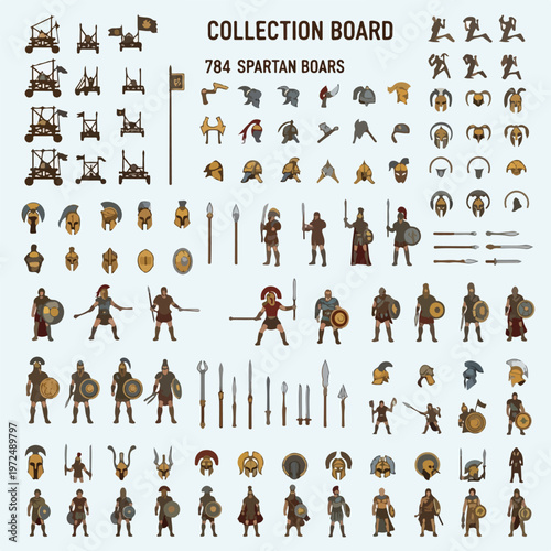 Collection board of ancient Spartan soldiers and historical military equipment.