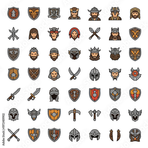 Collection of Medieval Warrior Armor Shields and Weaponry Icons.