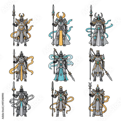 Collection of Fantasy Warrior Knights with Spears and Armor.
