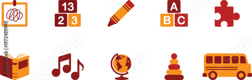 Early Childhood Education and Preschool Learning Icon Set with School Bus, Alphabet Blocks, Crayon, Globe, and Music Notes in Warm Orange and Brown Tones.