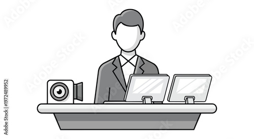 News anchor reporting live broadcast with camera and monitors flat 2D concept