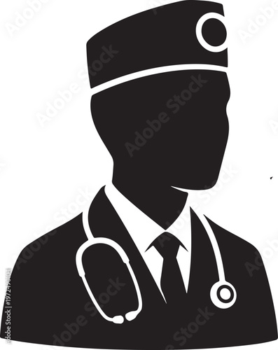 Professional medical practitioner in uniform with stethoscope. silhouette vector icon