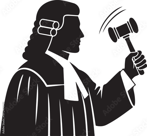 Judge holding a gavel in a courtroom setting illustration silhouette vector icon