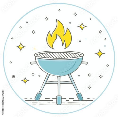 Modern barbecue grill with glowing fire and surrounding sparkles ready for outdoor summer cooking