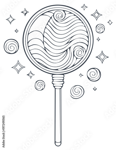 Stylized magic wand with swirling waves and stars illustration in outline