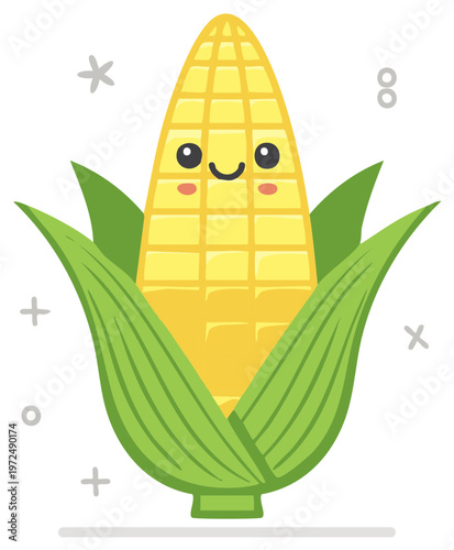 Cute Cartoon Corn Character Smiling with Green Leaves and Abstract Shapes