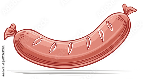 A single cooked pork sausage or frankfurter in a classic cartoon illustration style