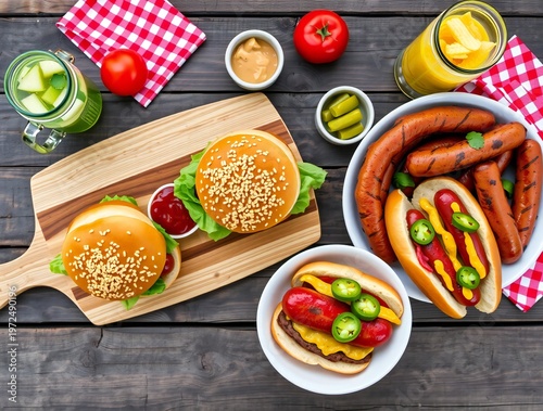 Delicious summer picnic spread with burgers hot dogs and refreshing drinks