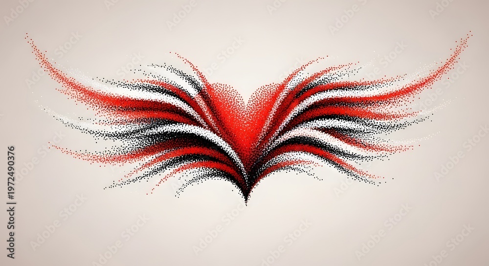 Fototapeta premium Abstract heart with spreading wings in pointillism art. Freedom and spiritual love concept. Symmetrical red and black feathered wings expanding from a central heart