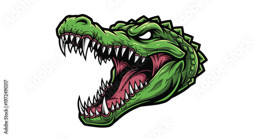 A fierce alligator head with glowing yellow eyes, sharp teeth, and a gaping mouth with an extended tongue, roars aggressively, embodying primal power and danger.