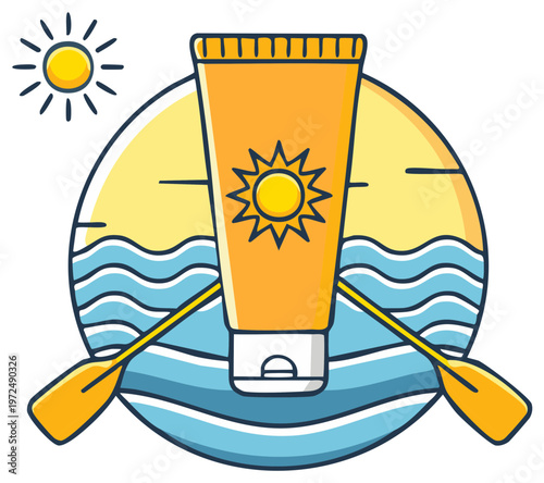 Sunscreen tube over rowboat paddles on beach icon in summertime