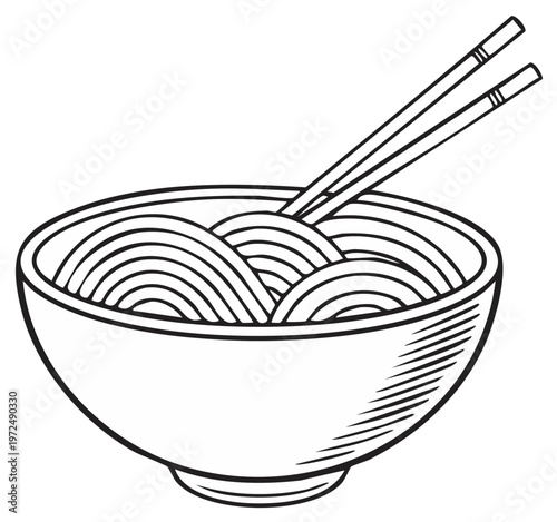 Noodle bowl with chopsticks hand drawn black and white vector illustration