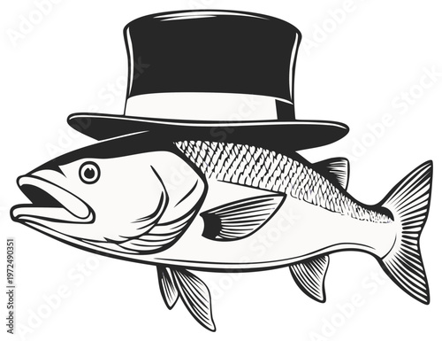 Fish wearing a top hat - Elegant aquatic creature in formal attire, vintage illustration