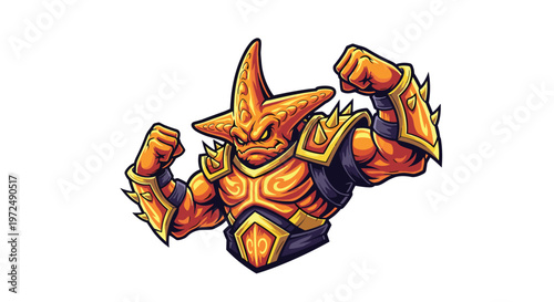 A powerful armored starfish warrior, flexing its muscular, spiky orange body and glowing with determination, stands ready for an underwater battle.