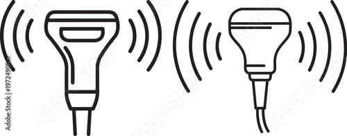 Two ultrasound probes emitting sound waves, outline illustration, black and white, background