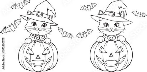 Two outline drawings of cute cats wearing witch hats and sitting on pumpkins for halloween with witch hat with coloring page with line art with black and white with trick or treat