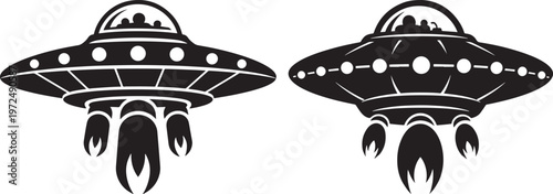 Two stylized black and white flying saucers with flame exhaust with flying saucer with science fiction with outer space with white background