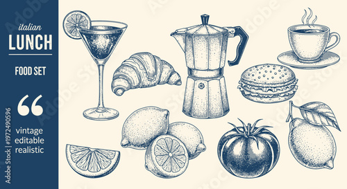Watercolor lunch illustration croissants coffee and citrus fruits