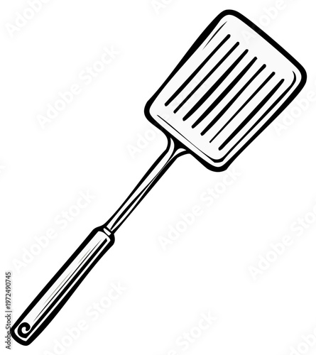 Vector line art illustration of a cooking slotted spatula kitchen utensil for food preparation