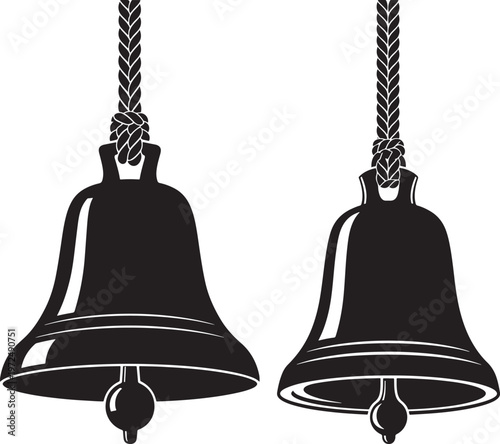 Two bell silhouettes hanging on ropes isolated on white background with black and white