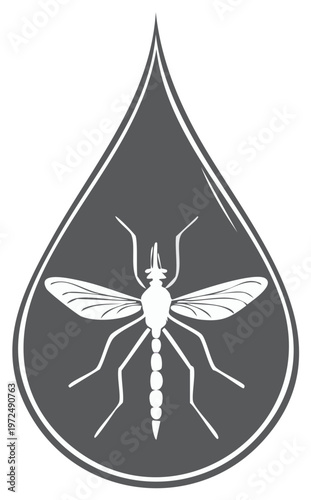 Graphic illustration of a mosquito insect inside a water drop shape, grey tones