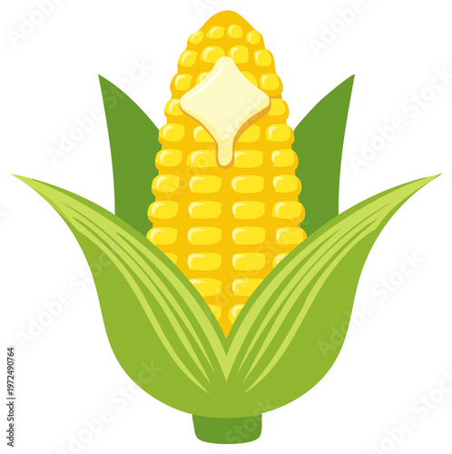 Corn on the cob with butter - yellow sweet corn, green husks, melt butter