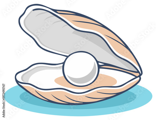 Pearl in Shell Illustration, Open Clam with Round Gem on Blue Water