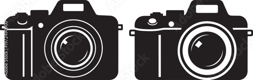 Two vintage camera silhouettes with black and white with white background with single lens reflex with antique camera