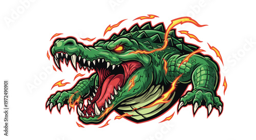 A fierce green alligator, engulfed in dynamic orange flames and with glowing eyes, lunges aggressively with a gaping mouth, embodying raw power and heat.