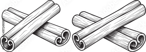 Two cinnamon sticks crossed with black and white with white background